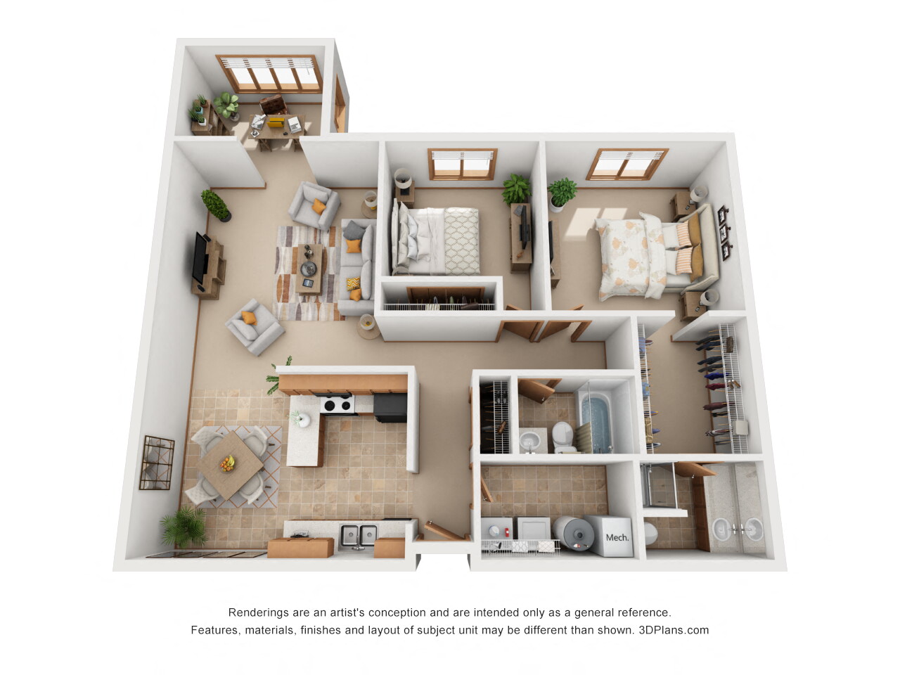 Floor plan for 2 beds, 2 baths, 1355 sqft